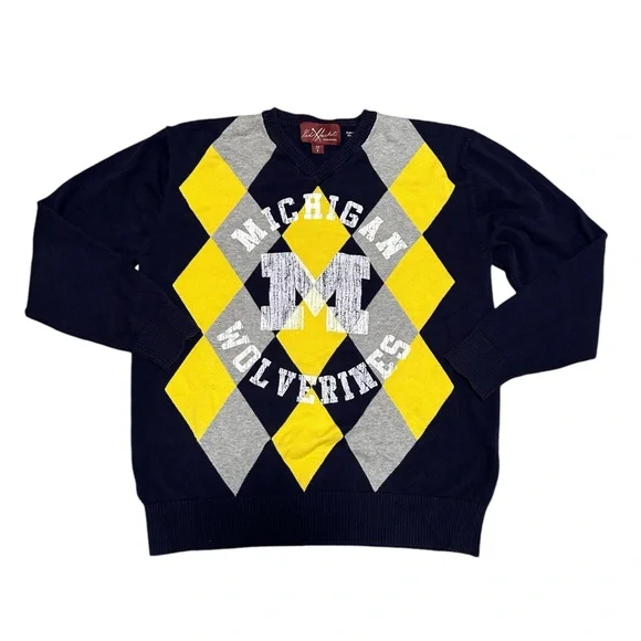 Michigan University Medium V-Neck Sweater Argyle Diamond Navy Blue Maze Gray - Picture 3 of 7